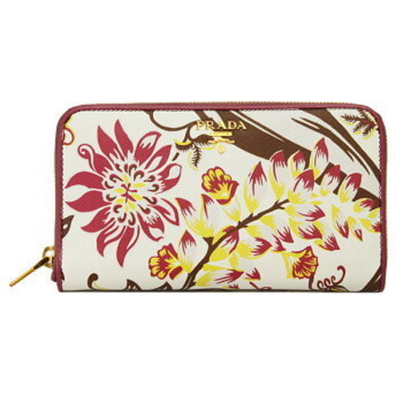 Prada Zip Long Wallet Leather Floral PrintWhite Rose Pink - Picture 1 of 3